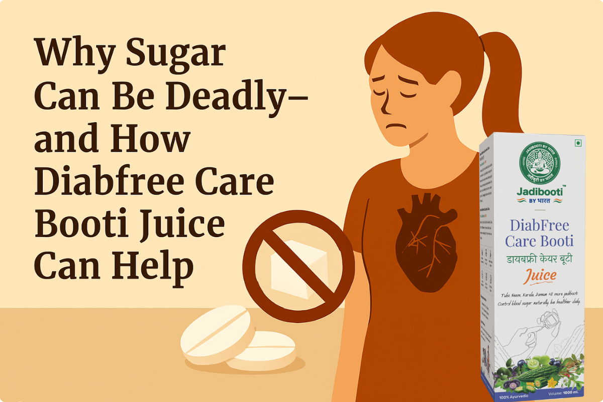 Promotional graphic for Diabee Care Booti Juice showing heart health concern, sugar warning symbols, and product box for diabetes support